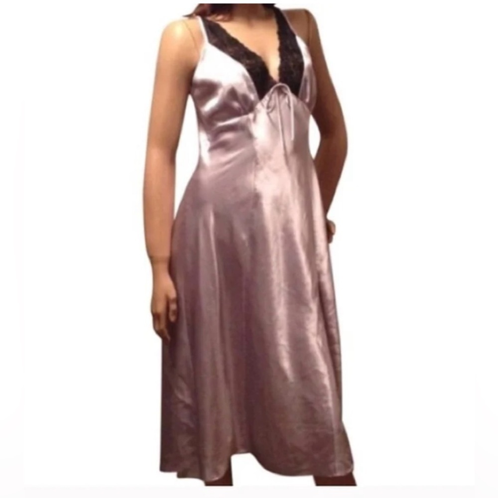 Silky Satin Nightgown Slip Dress | Lace Trim Lingerie | Silver Gray | Size L - Picture 3 of 3